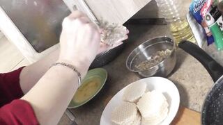 MILF Sexy Mommy Frina continues Nude Cooking. Today in her kitchen mommy no panties and bra in high heeled stockings will cook waffle brizol with minced chicken. - 6 image
