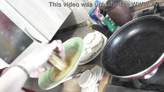 MILF Sexy Mommy Frina continues Nude Cooking. Today in her kitchen mommy no panties and bra in high heeled stockings will cook waffle brizol with minced chicken. - 8 image