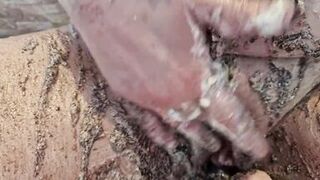 Cake sitting and getting very messy cake & dildo fun