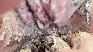 Cake sitting and getting very messy cake & dildo fun