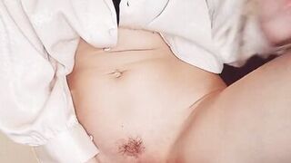 Horny teacher fucks herself with a dildo while standing