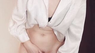 Horny teacher fucks herself with a dildo while standing