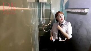 Nice lady in the shower in wet clothes and a hat. Striptease dancing in the shower. 1