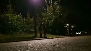 During the evening walk at the outdoor fucked and sprayed in