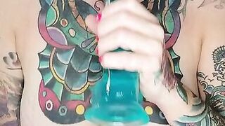 I strip and fuck my pussy hard with my big blue dildo.