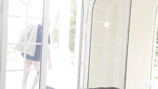 Misha Maver masturbates her shaved pussy and makes thief finish her off with his cock