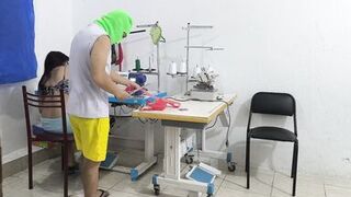 A horny and slutty seamstress seduces her coworker. She invites him over for sex, and her partner sucks her vagina like a whore.