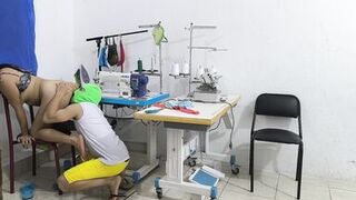 A horny and slutty seamstress seduces her coworker. She invites him over for sex, and her partner sucks her vagina like a whore.