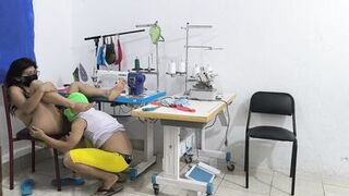 A horny and slutty seamstress seduces her coworker. She invites him over for sex, and her partner sucks her vagina like a whore.