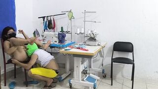 A horny and slutty seamstress seduces her coworker. She invites him over for sex, and her partner sucks her vagina like a whore.