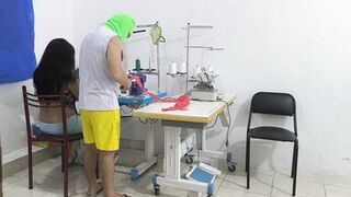 A horny and slutty seamstress seduces her coworker. She invites him over for sex, and her partner sucks her vagina like a whore. - 2 image