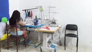 A horny and slutty seamstress seduces her coworker. She invites him over for sex, and her partner sucks her vagina like a whore.