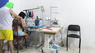 A horny and slutty seamstress seduces her coworker. She invites him over for sex, and her partner sucks her vagina like a whore.