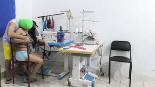 A horny and slutty seamstress seduces her coworker. She invites him over for sex, and her partner sucks her vagina like a whore.
