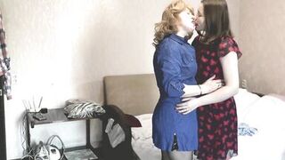 Lesbians. Two girls. Old adult sexy blonde woman and beautiful brunette girl in bedroom. Kiss. Pussy. Ass. Bisexual. Doggstyle - 15 image