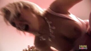 Stunning blonde MILF spreads her legs widely to get her shaved pussy banged after sucking a dick.