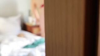 Step Mom caught Step Son jerking off and helps to cum quick in her panties and pull them up